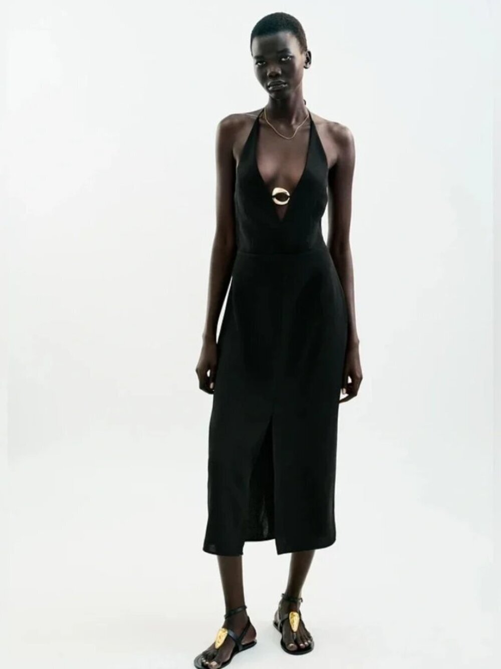 New Zara Gold Appliqué Halter Black Midi Dress Medium NWT